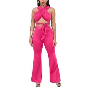 Two piece convertible halter top pants set in pink in multiple sizes